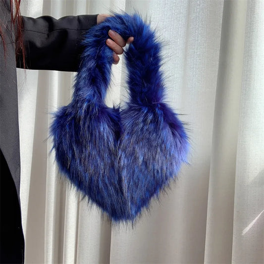 Faux Fur Small Handbags Cute Plush Ladies Heart Shaped Shoulder
